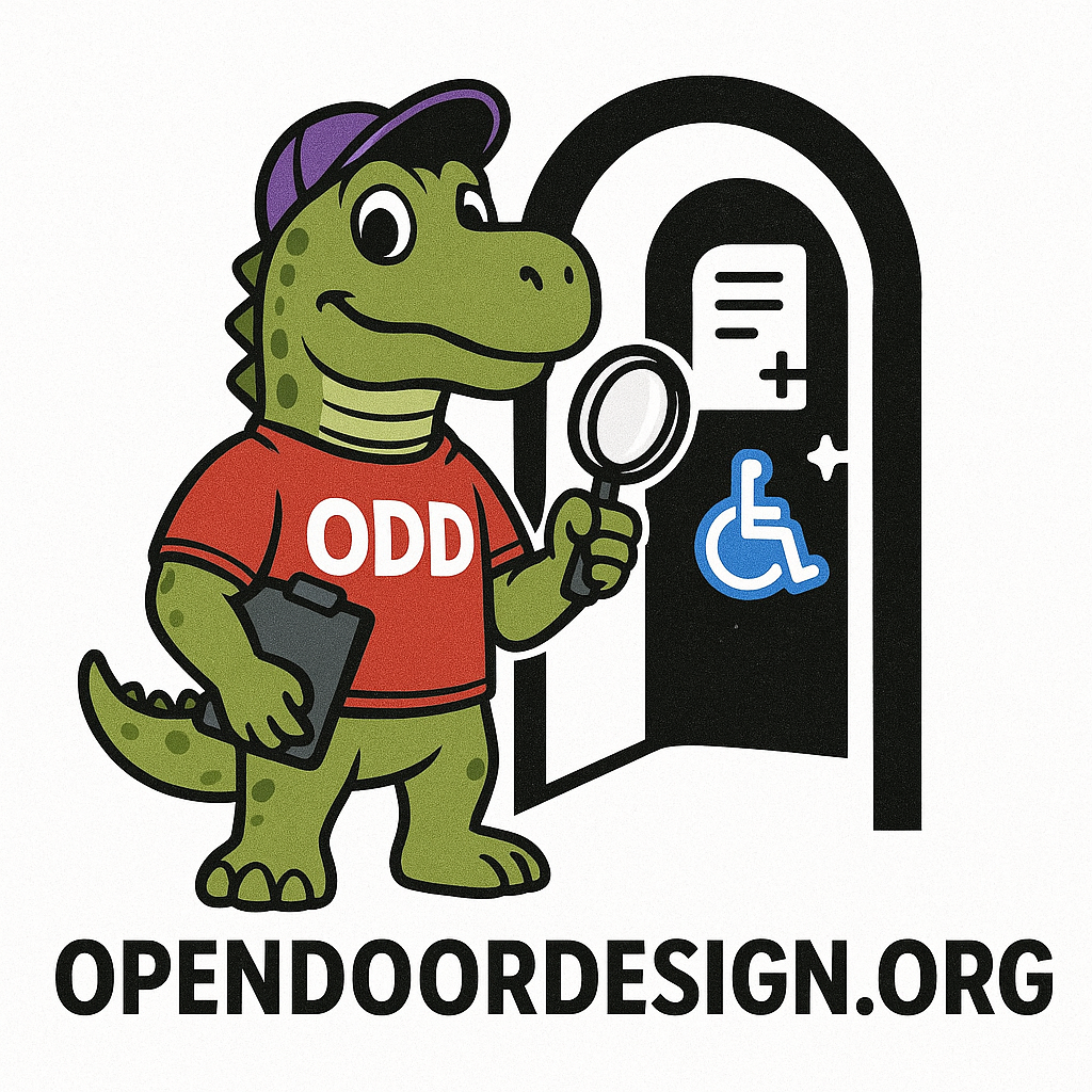 Open Door Design logo with a dinosaur mascot standing in a doorway that represents accessible entry into digital and physical spaces.